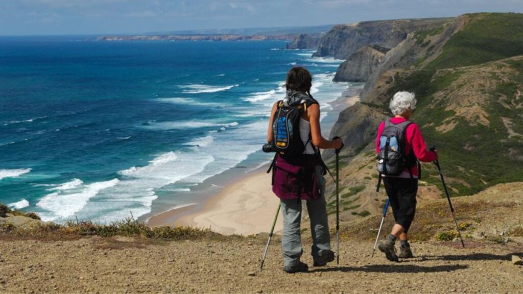 two womans hiking on Fishermen's Trail, Portugal